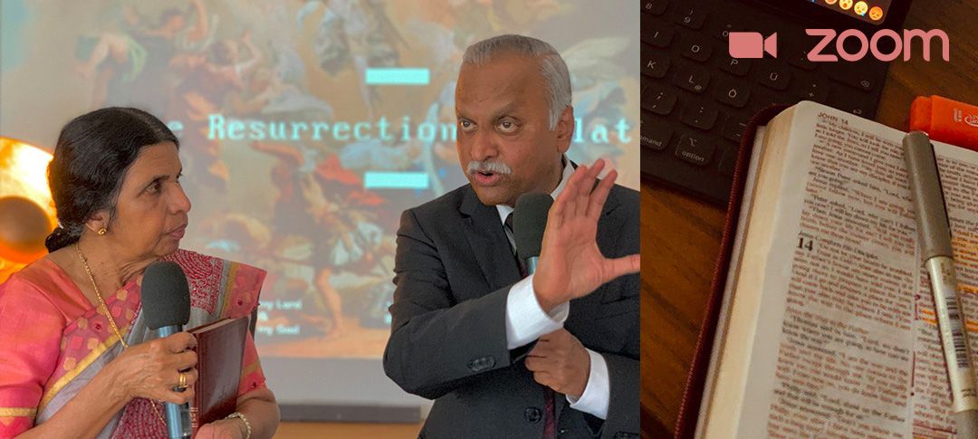 Pastor C. M. Premkumar and his wife teaching, and Bible study prepared for Zoom